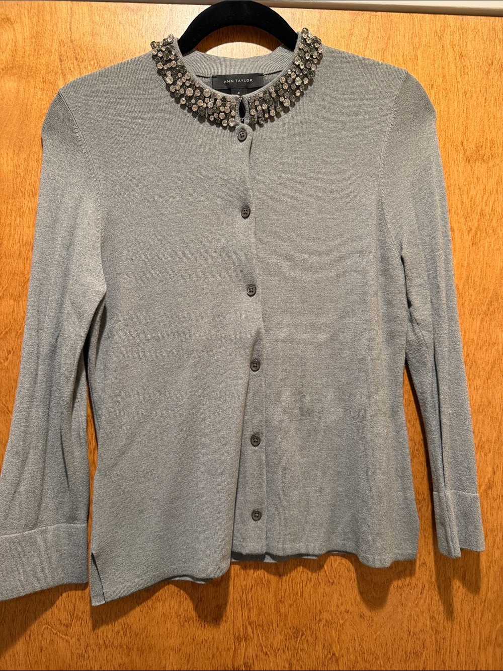 Ann Taylor Light Gray Jeweled Collar Button-Down Cardigan